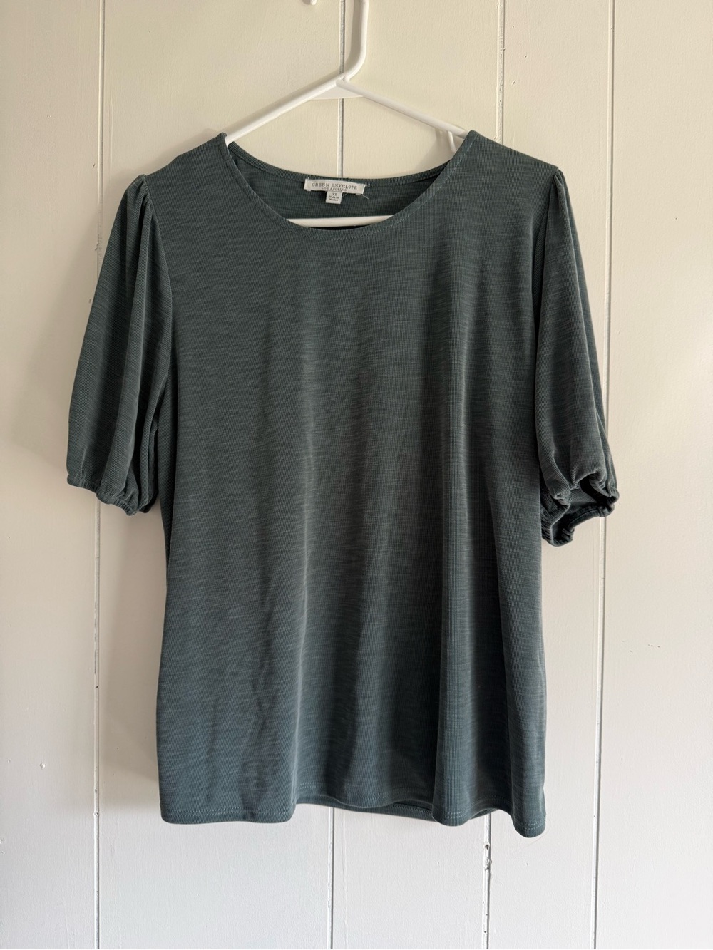 Green Envelope Short Puff Sleeve Crewneck Top - Slate Green